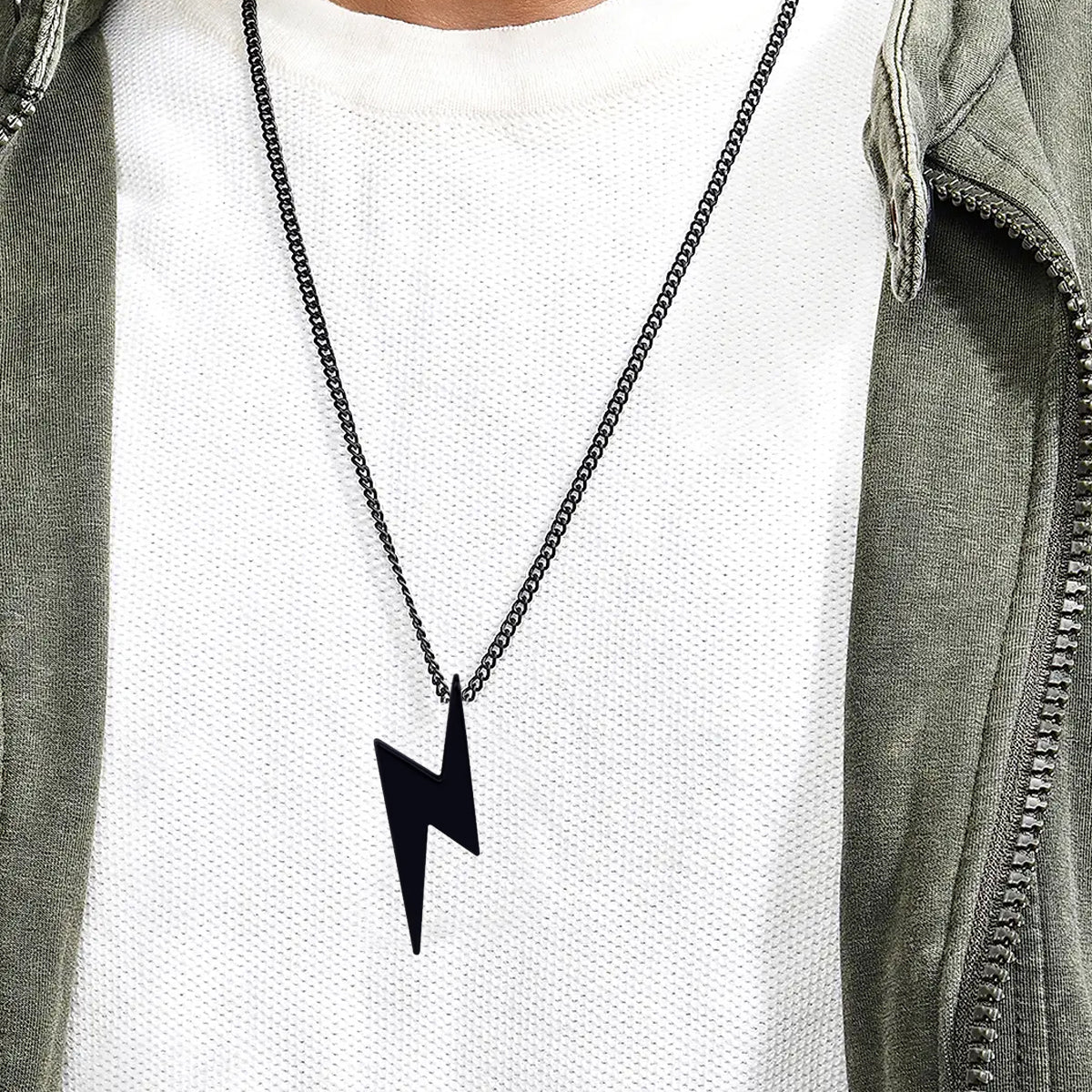 Bold Thunderbolt Necklace – Stylish Unisex Black Bead Chain Jewelry